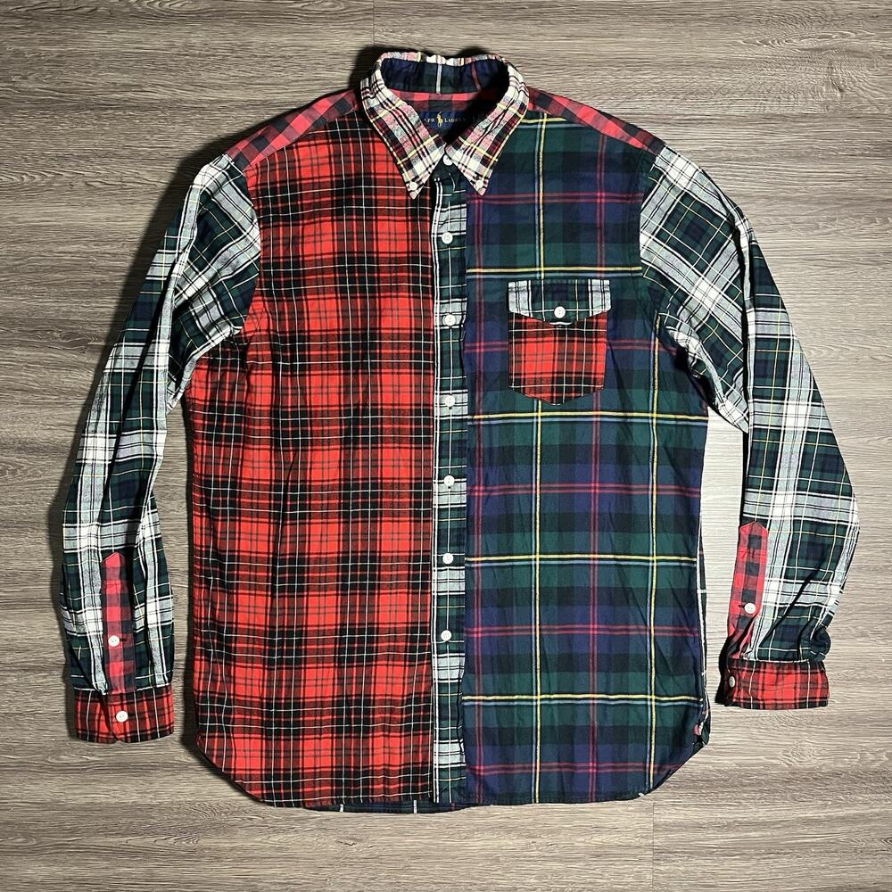 Polo Ralph Lauren Fun Shirt Mens L Patchwork Tartan Plaid Cotton MOP Button Down